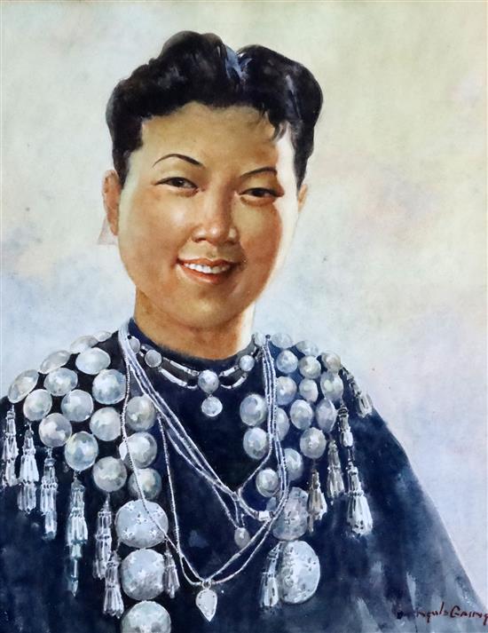 U Ngwe Gaing (Burmese 1901-1967) Portrait of a Burmese woman wearing an elaborate necklace 15.5 x 12.25in.